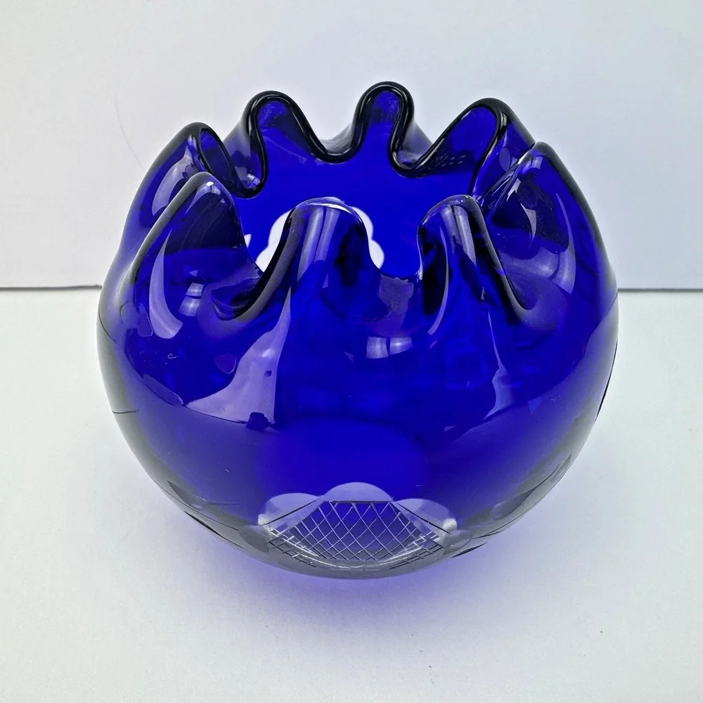 Cobalt Blue Rose‎ Bowl Dish Cut to Clear Crystal Ruffle Pinched Vase